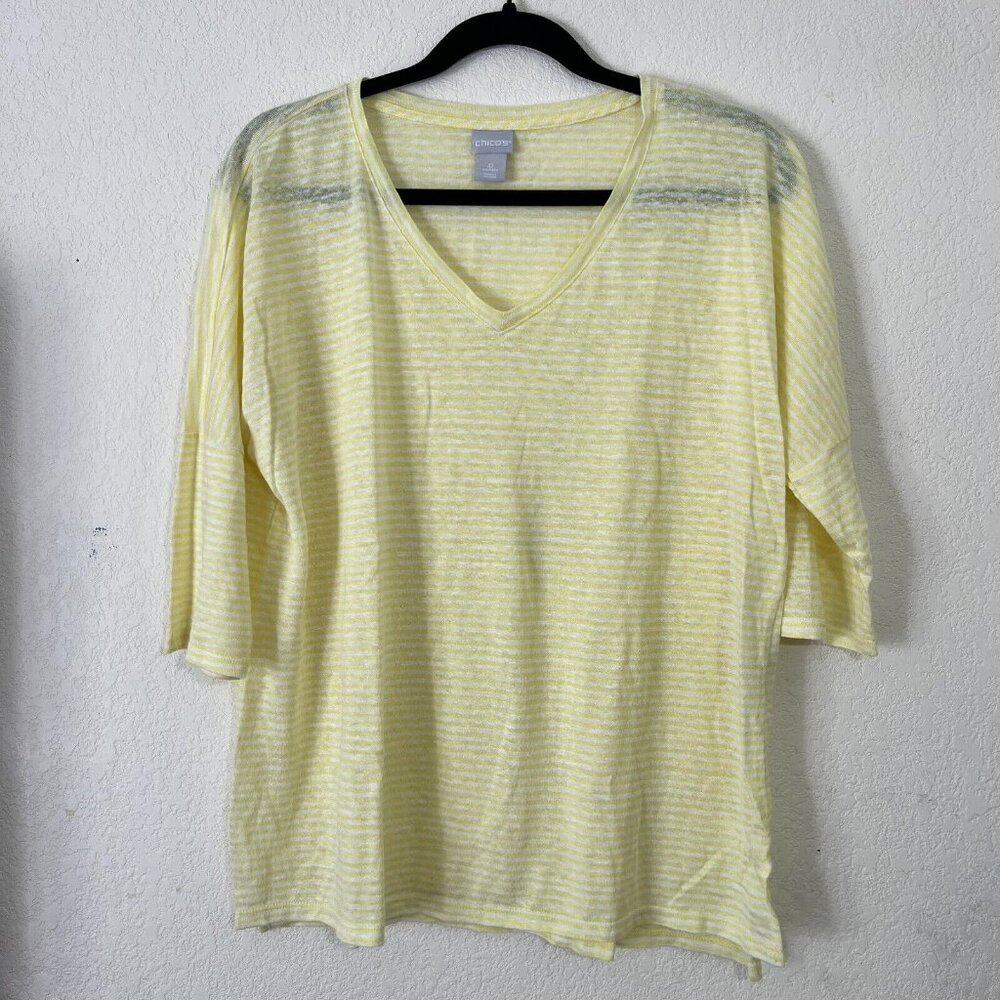 Chico's Women's Size 0 Yellow Striped V-Neck 3/4 Sleeves Linen Tunic Top Shirt